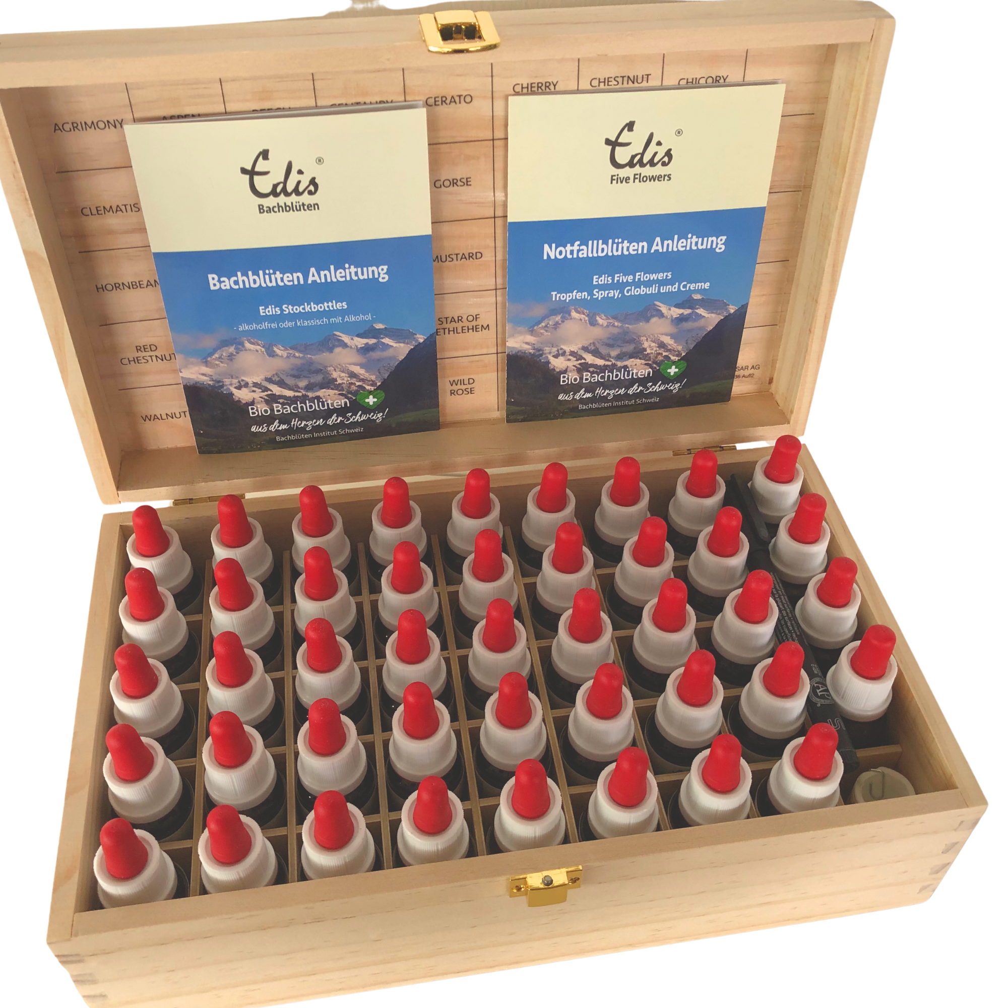Bachblüten Set mit Pipetten in Holzbox - alkoholfrei
