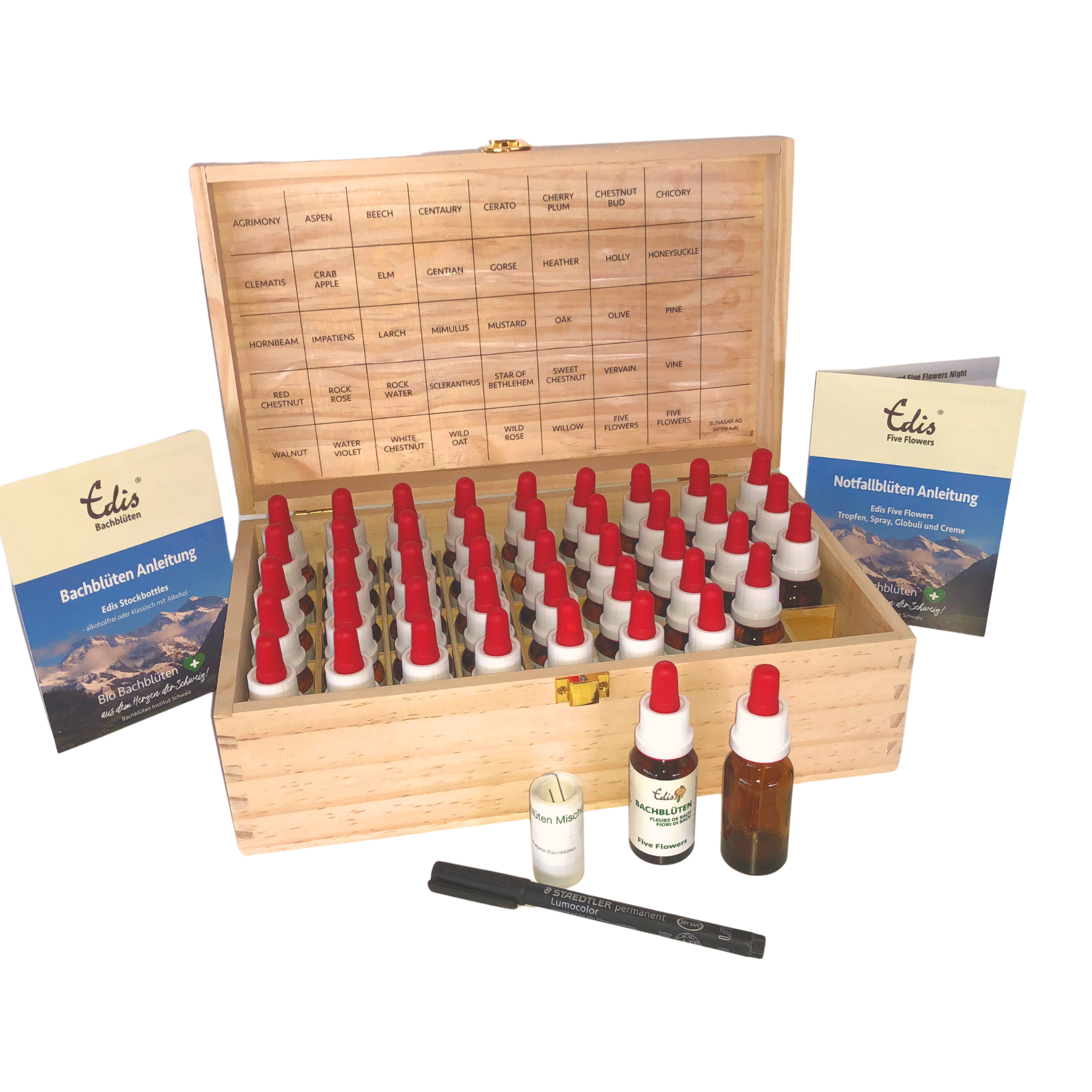 Bachblüten Set mit Pipetten in Holzbox - alkoholfrei