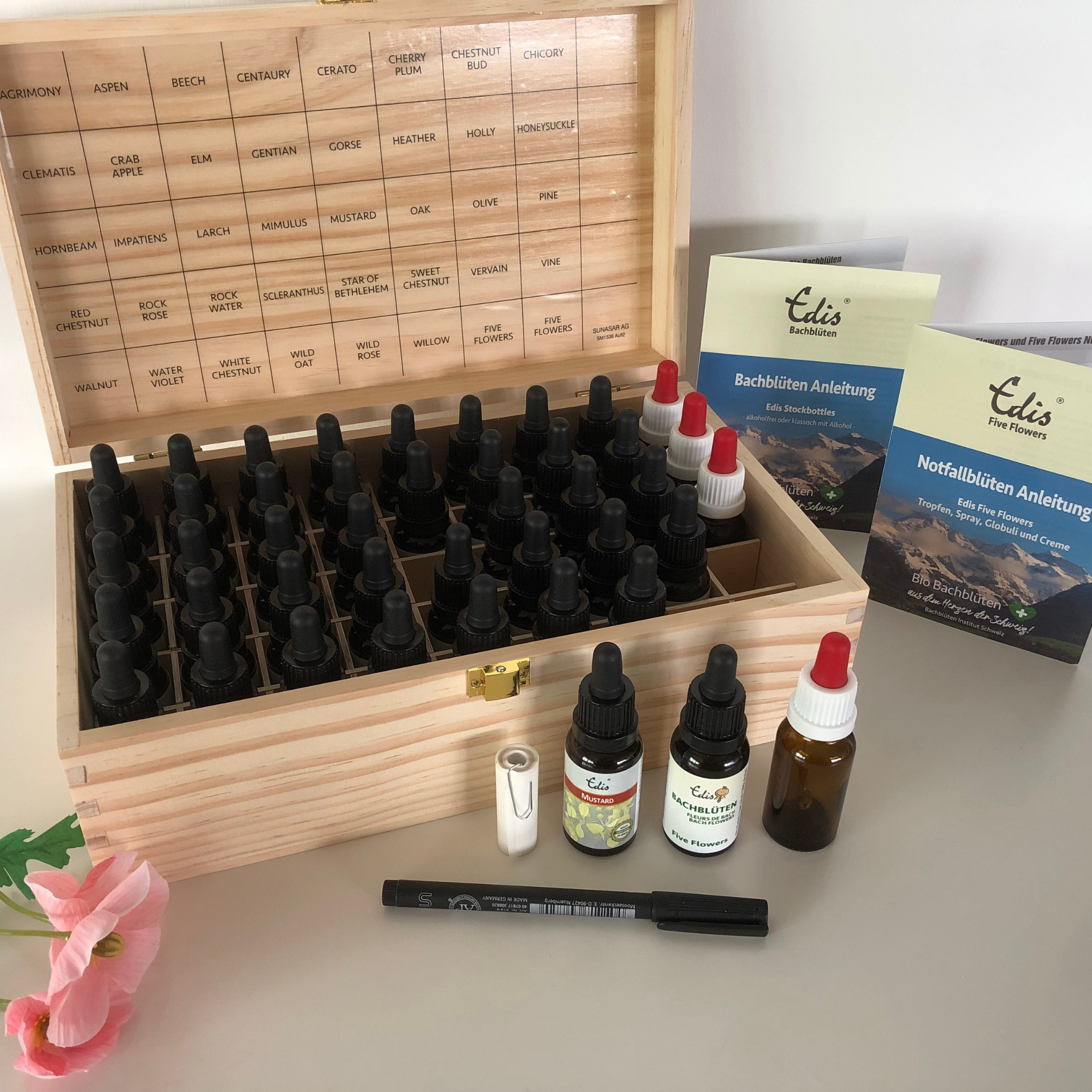 Bachblüten Set mit Pipetten in Holzbox - klassisch mit Alkohol