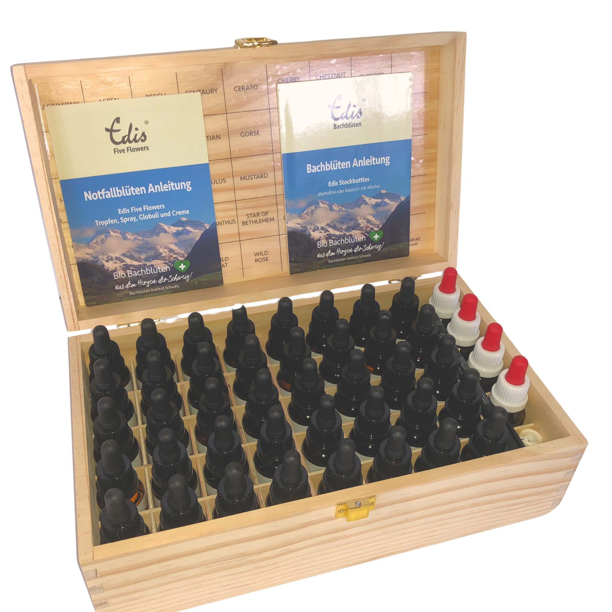 Bachblüten Set mit Pipetten in Holzbox - klassisch mit Alkohol