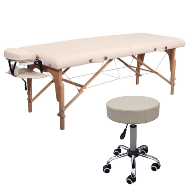SET: Massageliege und Rollhocker creme